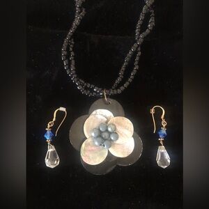 Vintage Pierced Blue Earrings with Bead Necklace